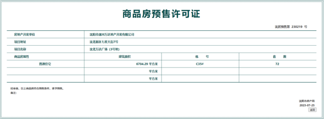 拿證速遞|萬(wàn)達(dá)&middot;盛京one獲預(yù)售許可 共計(jì)72套房源